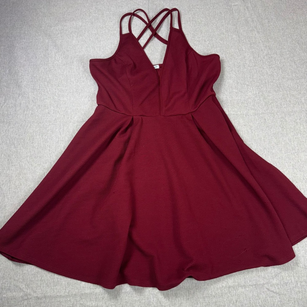 Maurices Womens XL Burgundy Strappy Cross Back Textured Skater Dress Wine Red